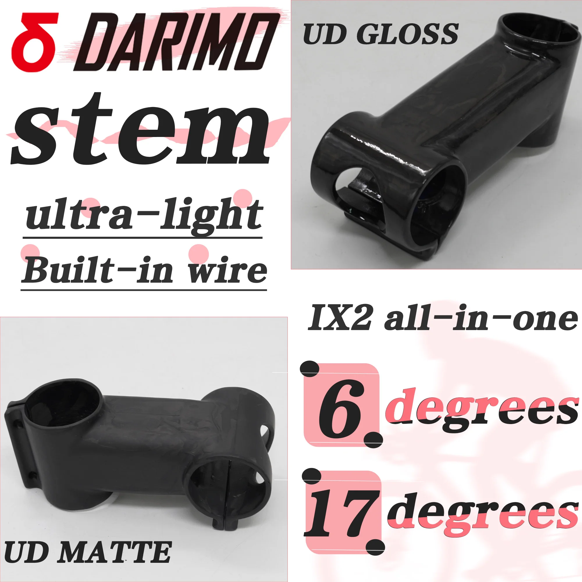 

DARIMO IX2 MTB road stem, ultra-light carbon fiber stem, internal cable routing, UD, 6°/17°, 31.8mm, 60-120mm bicycle handlebar