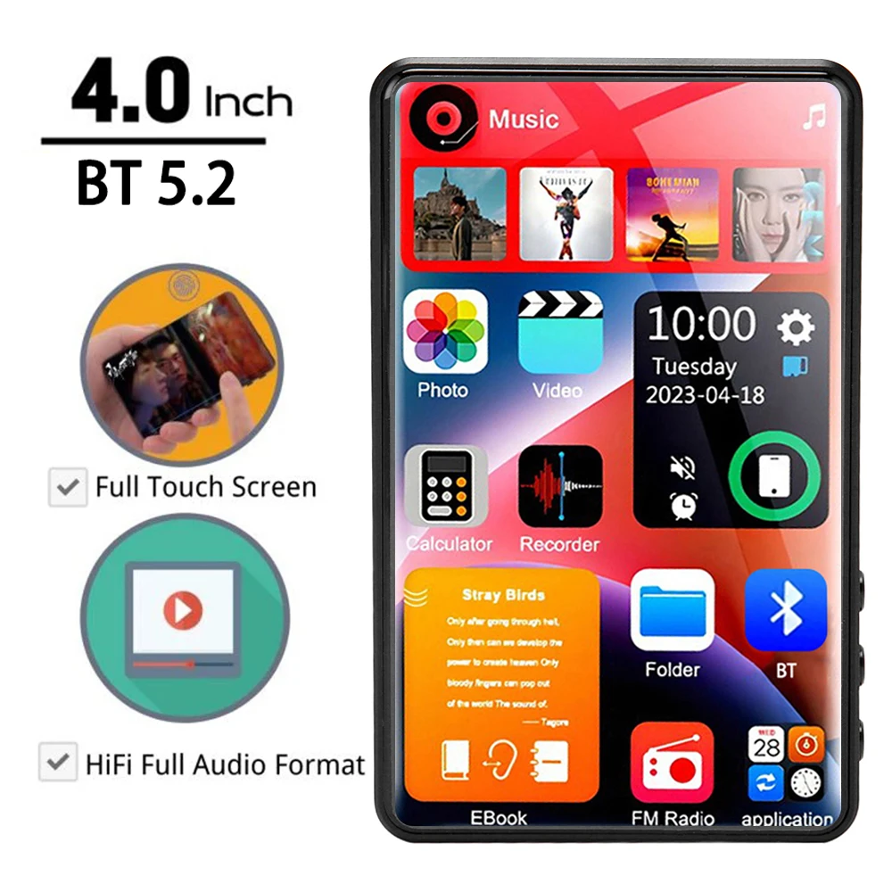 

4 Inch HD Mp3 Mp4 Player Full Touchscreen Bluetooth 5.2 MP4 16GB-128GB Built-in Speaker Music Player FM Radio Record Ebook