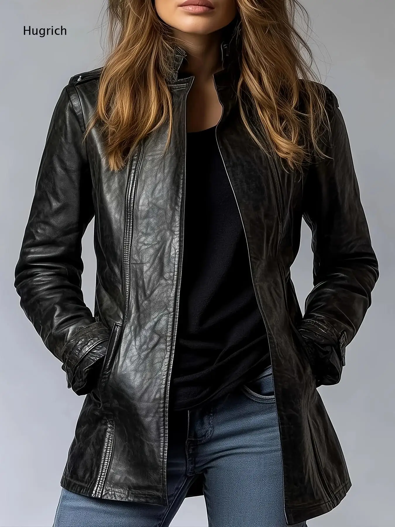 Slim Waist Epaulet Faux Leather Jacket Solid Black Stand Collar Long Sleeve Zip Up Dual Pocket Women Casual Coat