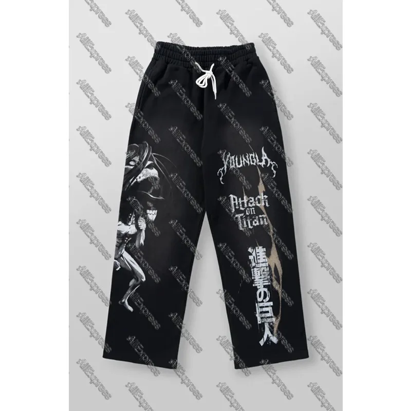 Trendy Wide-Leg Anime Joggers Casual Hip-Hop Street Style Sweatpants American Fashion Collaboration Terry Print for Young Adults