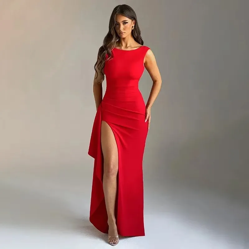 

Summer 2024 New Slim Fit Long Dress Sexy Off Back Split Ruffle Edge Dress for Women sexy dress CSM171-4