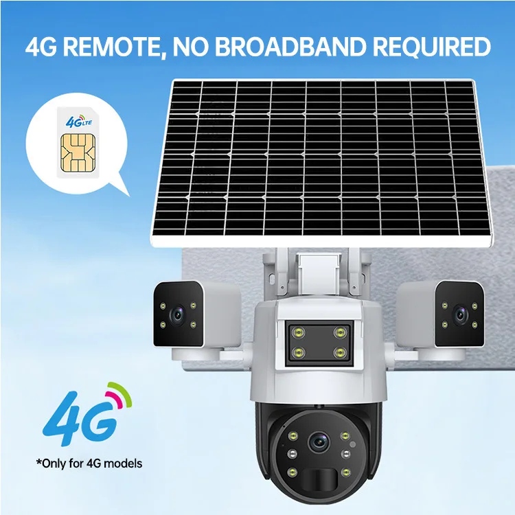 كاميرا مراقبة تعمل بالطاقة الشمسية 4G ذات 3 عدسات - رؤية ليلية خارجية مقاومة للماء عالية الدقة للمزرعة/البركة/المنزل، رؤية عن بعد للتجارة الإلكترونية
