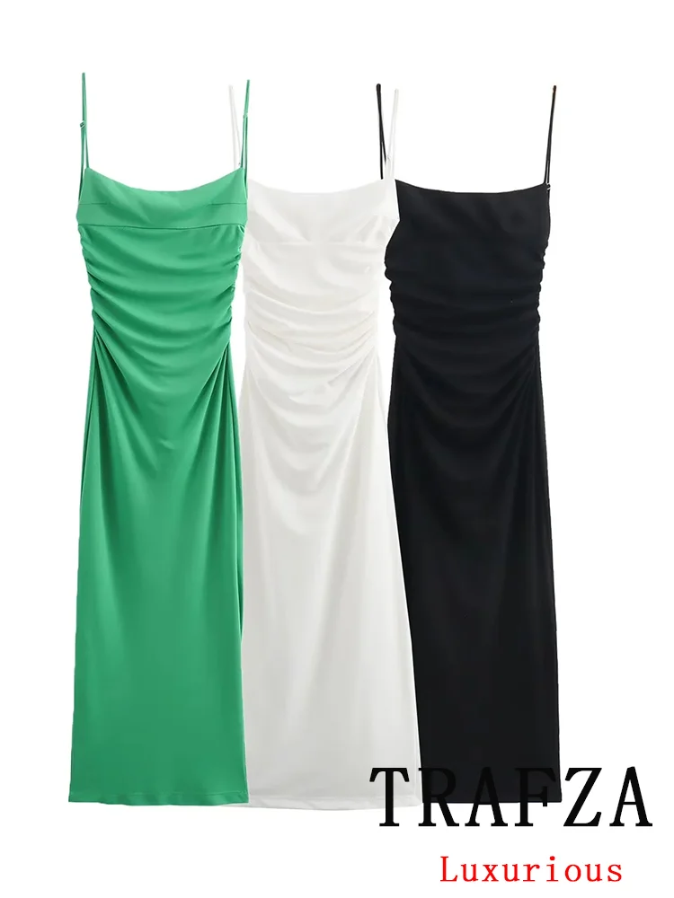 TRAFZA Sexy Chic Solid Women Dress Cami Zipper Sleeveless Backless Pleated Dress Fashion 2024 Summer Beach Party Dress