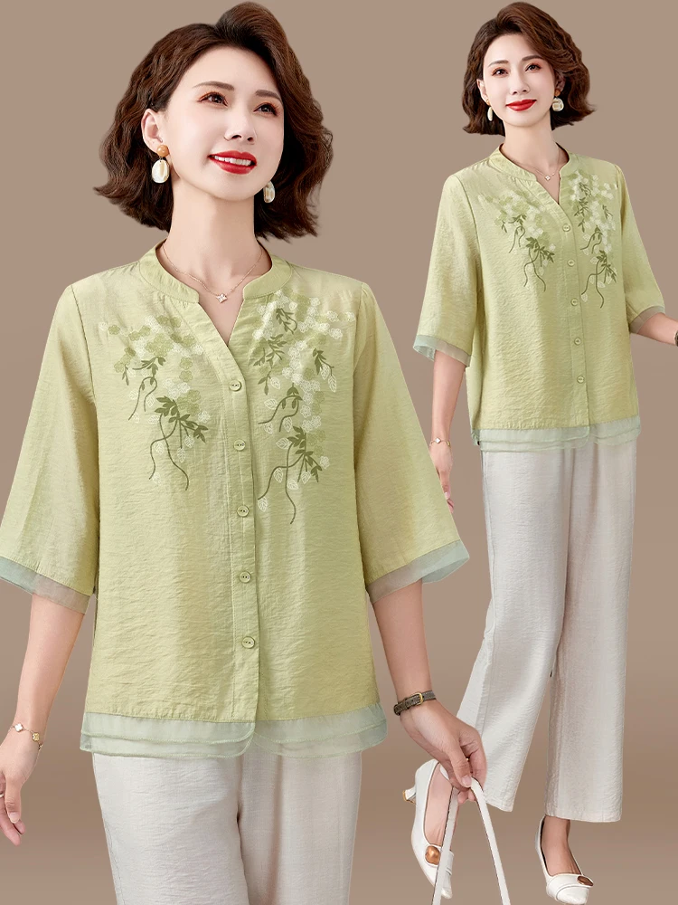 

Модный комплект из хлопка и льна с коротким рукавом для женщин среднего возраста, летняя новинка, в китайском национальном стиле, топ и брюки.