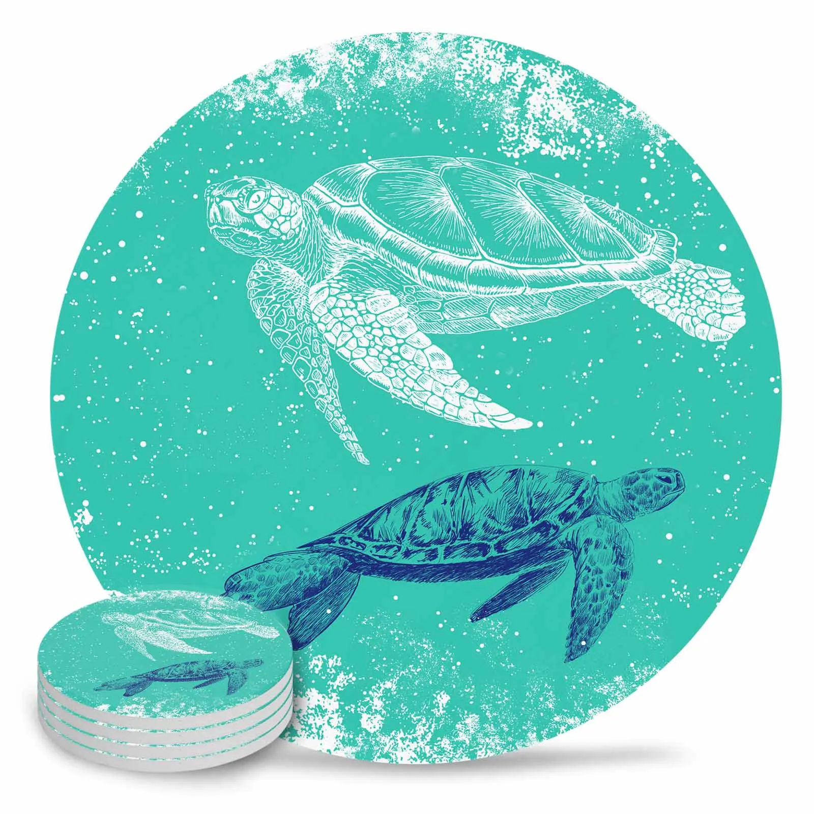 Green Sea Turtles In Summer Round Coaster Coffee Table Mats Kitchen Accessories Absorbent Ceramic Coasters