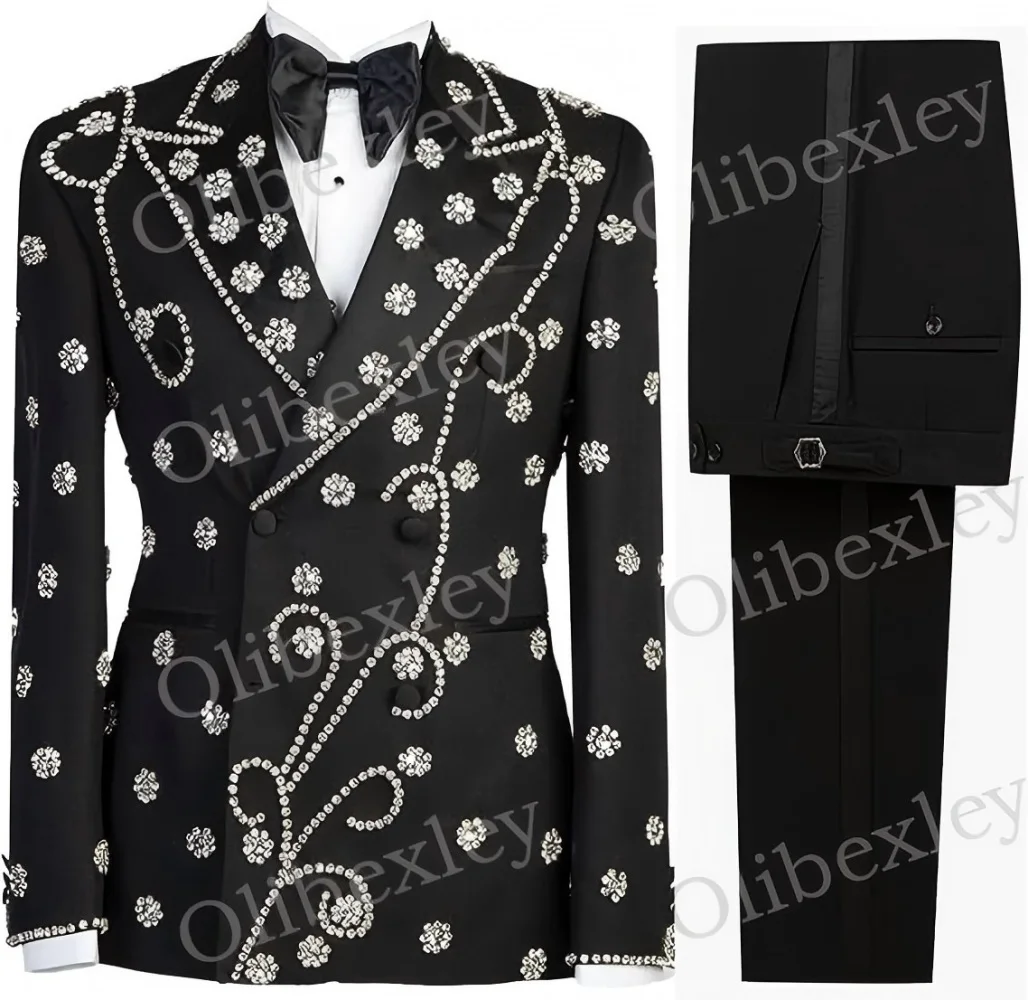 

Роскошный приталенный мужской костюм из двух предметов с кристаллами из бисера, индивидуальный заказ, высококачественные костюмы для свадьбы, жениха, делового ужина, вечеринки