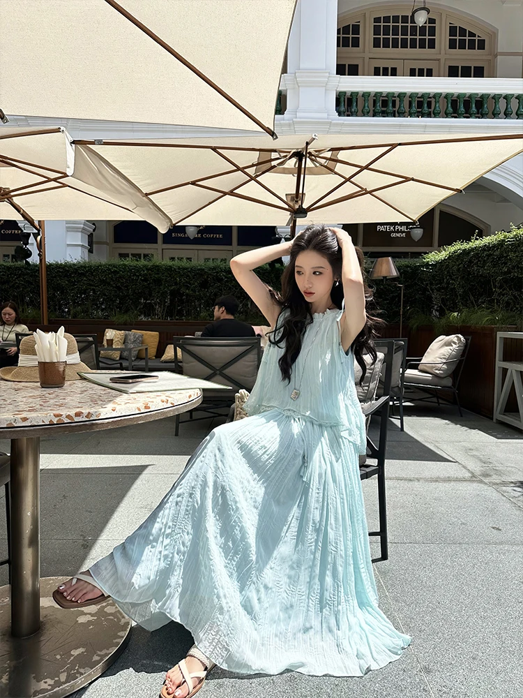 

Комплект ZQ Zigeng: женская блузка с кружевной отделкой, топ-жилет и юбка. Летний, элегантный, асимметричный подол, шифон, многослойный, эффектное сочетание.