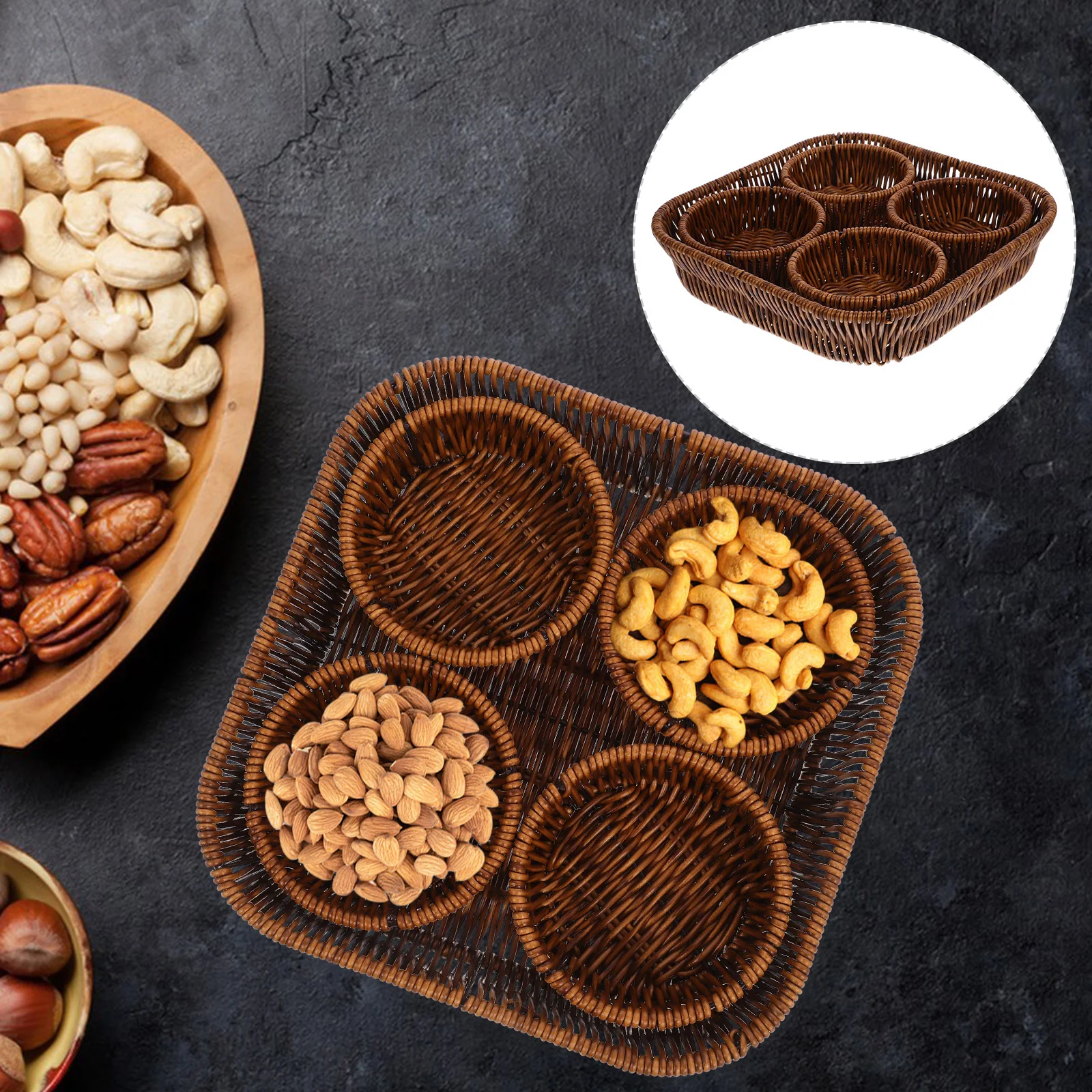 

1 Set Imitation Rattan Dried Fruit Basket Footed Serving Dish Candy Plate For Snacks Cake Dessert Food Tray Storage Organizer