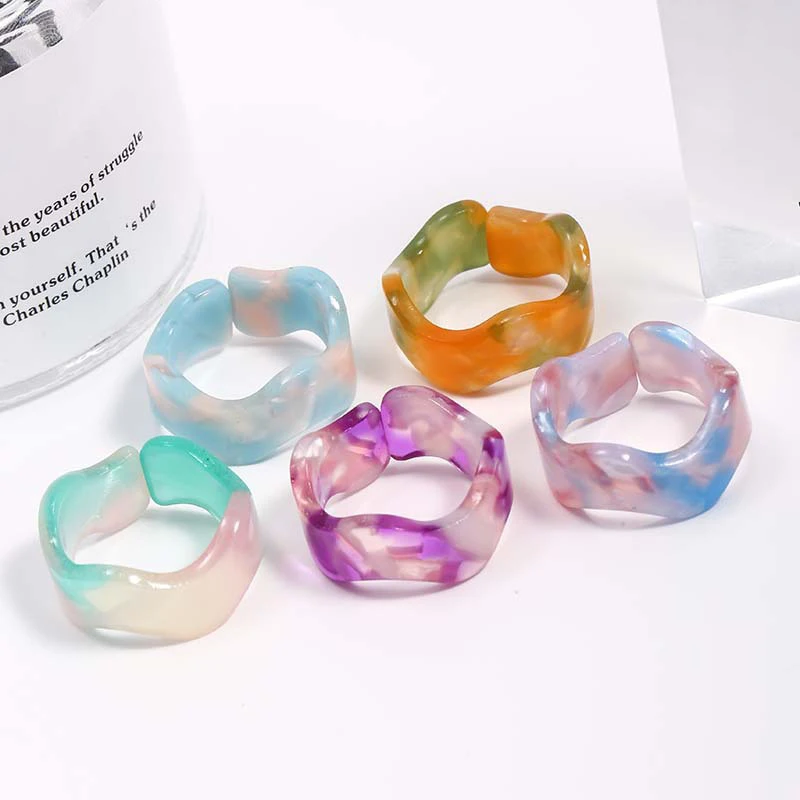 Bunte Harz Acryl Ringe Frauen Transparent Runde Platz Ringe Set Vintage Geometrische Korea Perlen Trendy Schmuck Geschenke