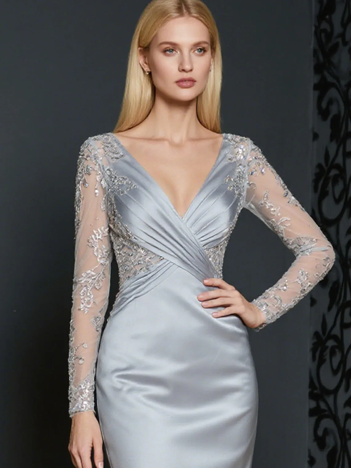 ラグジュアリーモダンマーメイドイブニングドレスVネックサテンロングスリーブアップリケフォーマルプロムガウンウェディングパーティードレス2025無料カスタマイズ