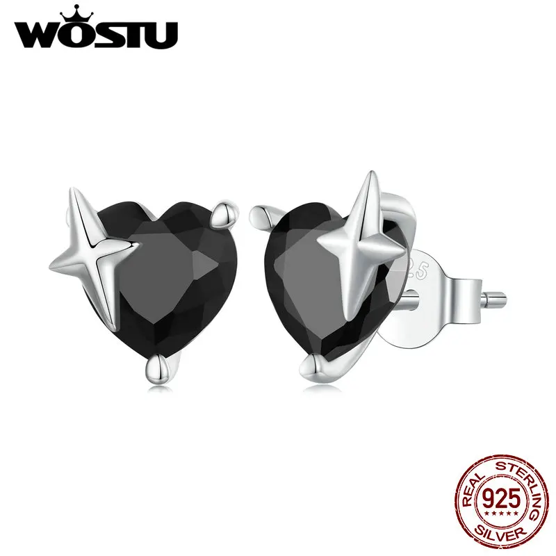 WOSTU 925 Sterling Silver Big Heart Star Stud Earrings For Women Cool Black Zircon Punk Ear Studs Fashion Jewelry Party Gift New