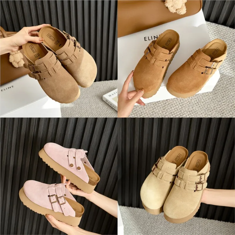 Thick-soled  Women\'s leather cow suede wrapped half slippers wear Japanese  short people increase by 6CM