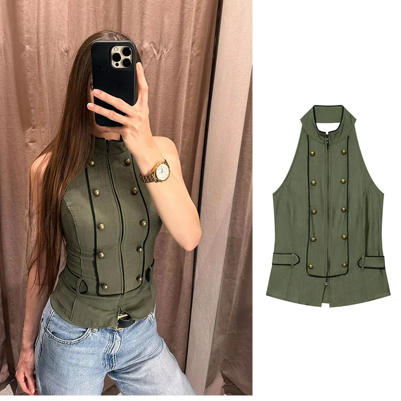 2026 New Fashion Women's Clothing Summer Backless Double-Breasted Halter Top Button-Decorated Backless Stylish Versatile Top