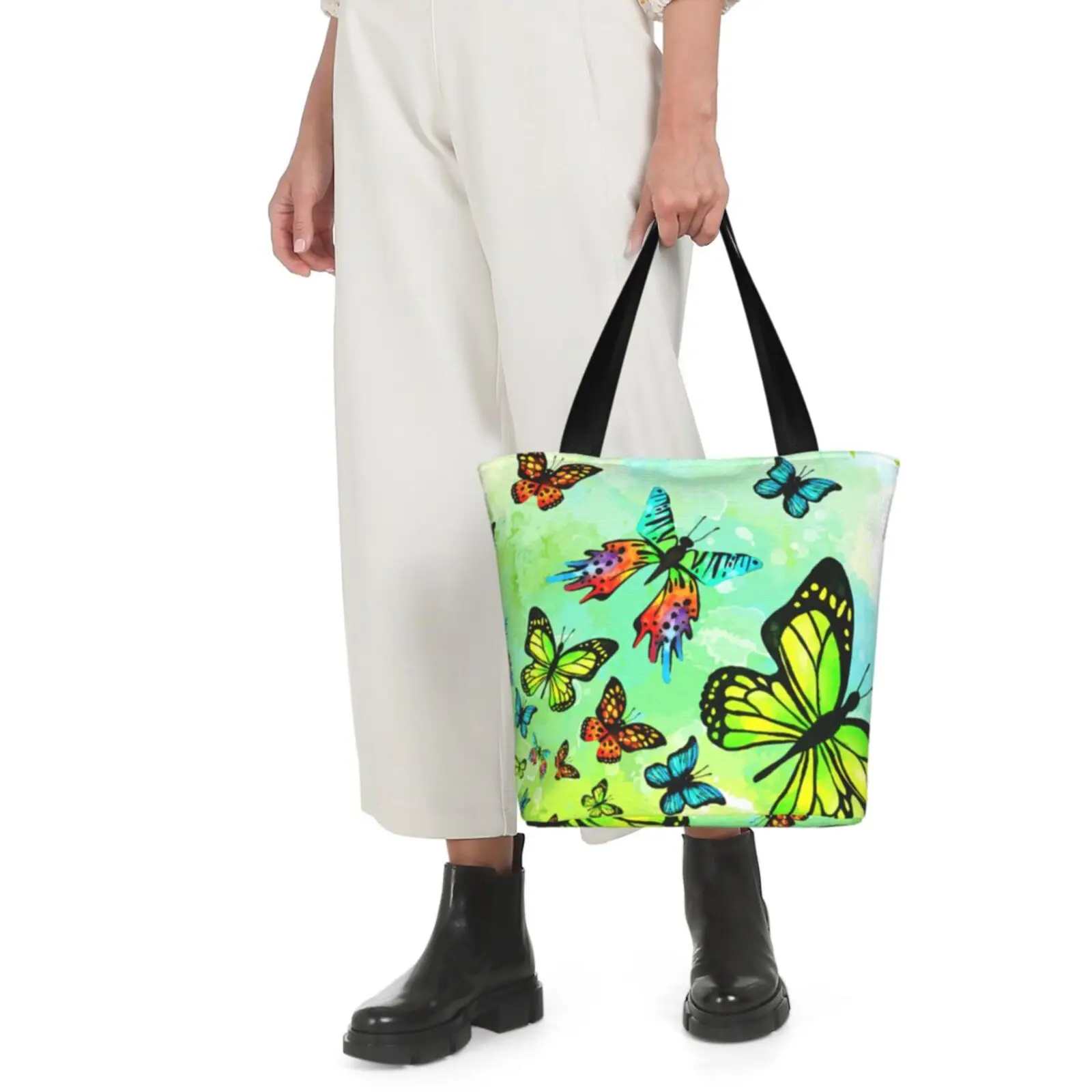 

Butterfly Flower Tote Bag Single Shoulder Shopping Grocery Bags Oxford Fashion Handbag with Zipper Women Gifts Girls Kids