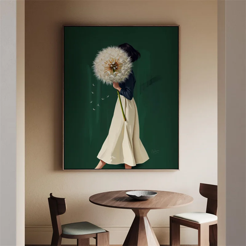Emerald Green Woman with Dandelion Canvas Prints Poster Modern Minimalist Abstract Art Prints Living Room Wall Art Home Decor