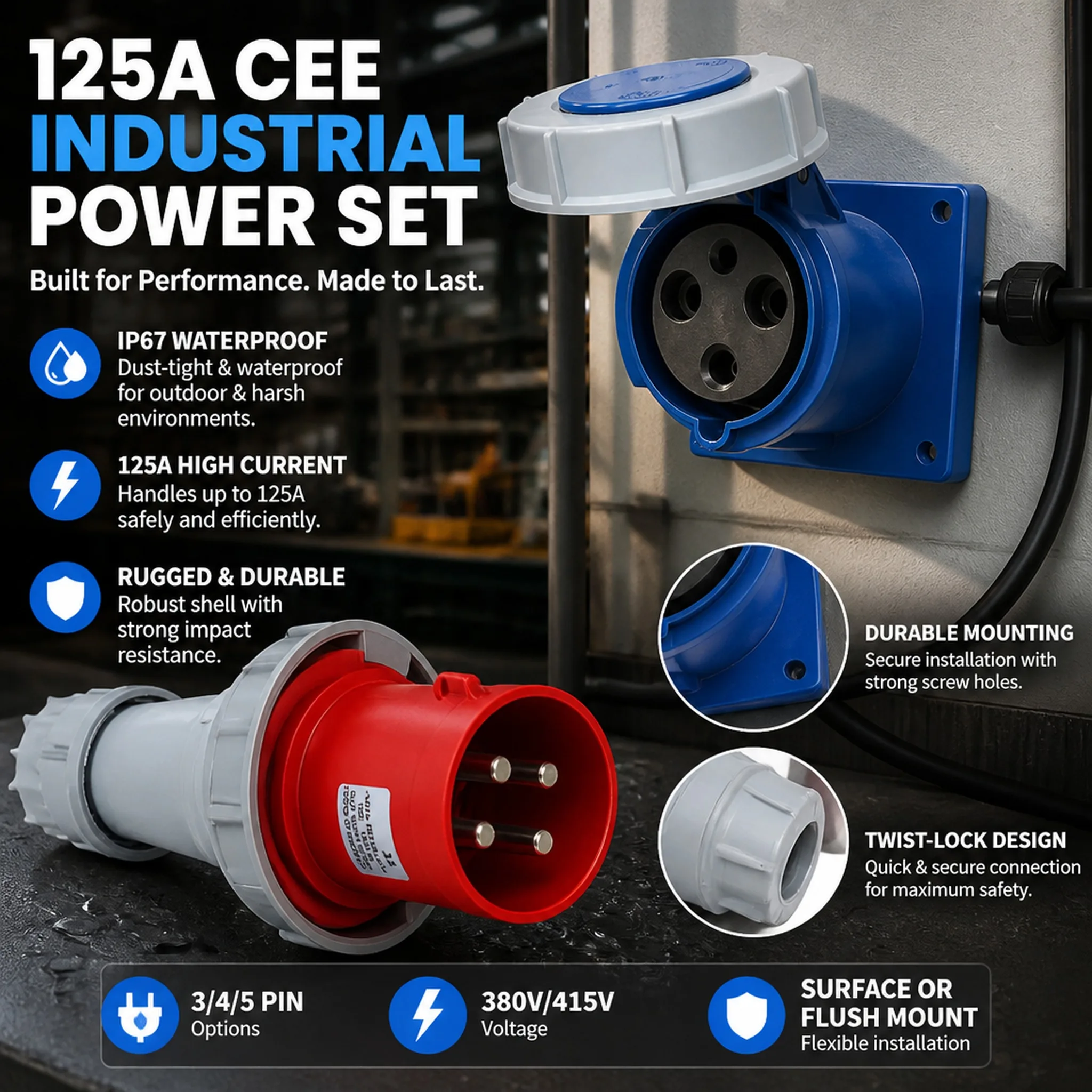 125A CEE Industrial Power Outlet IP67 3 4 5 Pin 380V 415V Male Female Connector Set Robust Shell Surface Flush Panel Mount