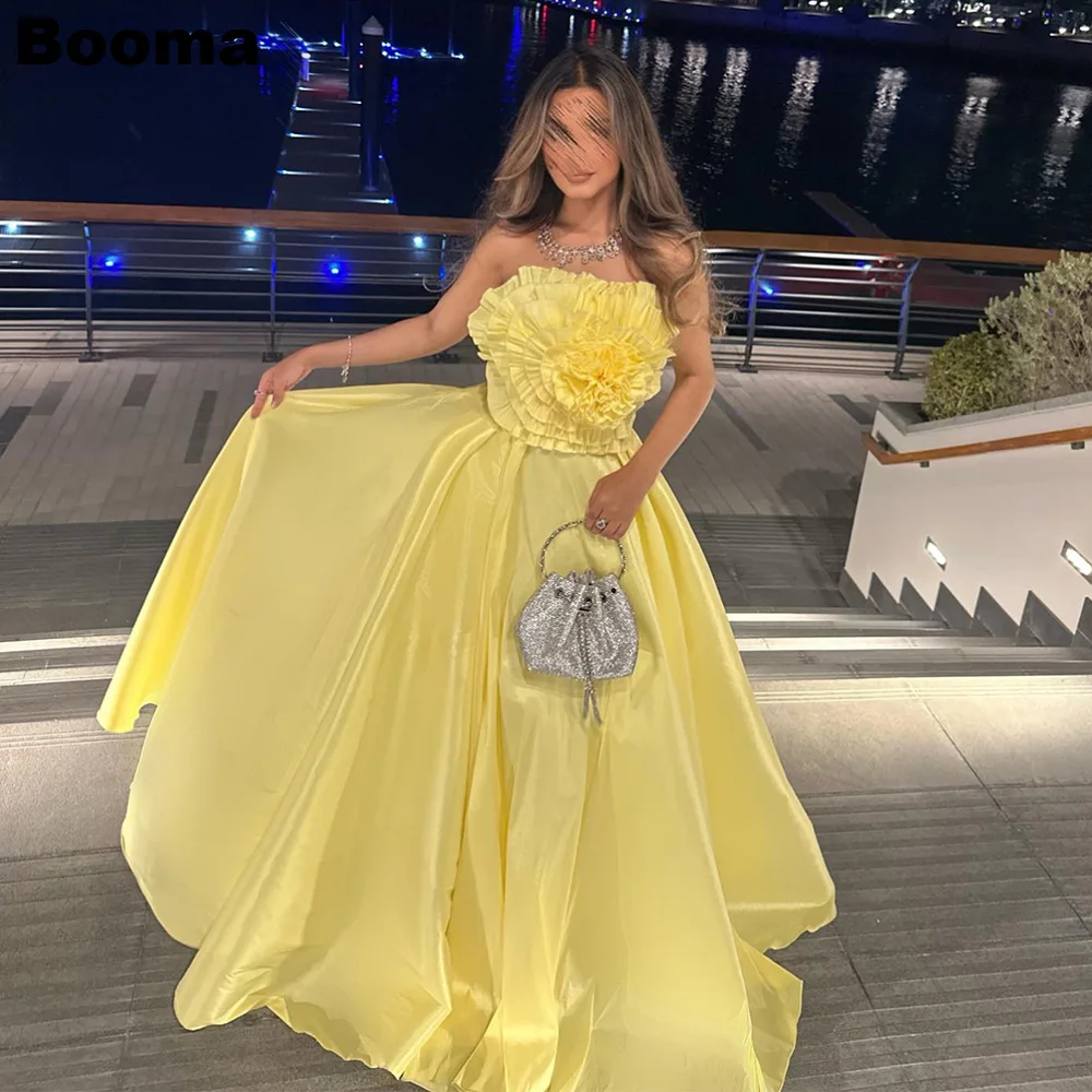 

Booma Yellow Stain Saudi Arabia Evening Dresses Flowers Strapless Prom Gowns Floor Length A Line Women's Formal Occasion Dresses