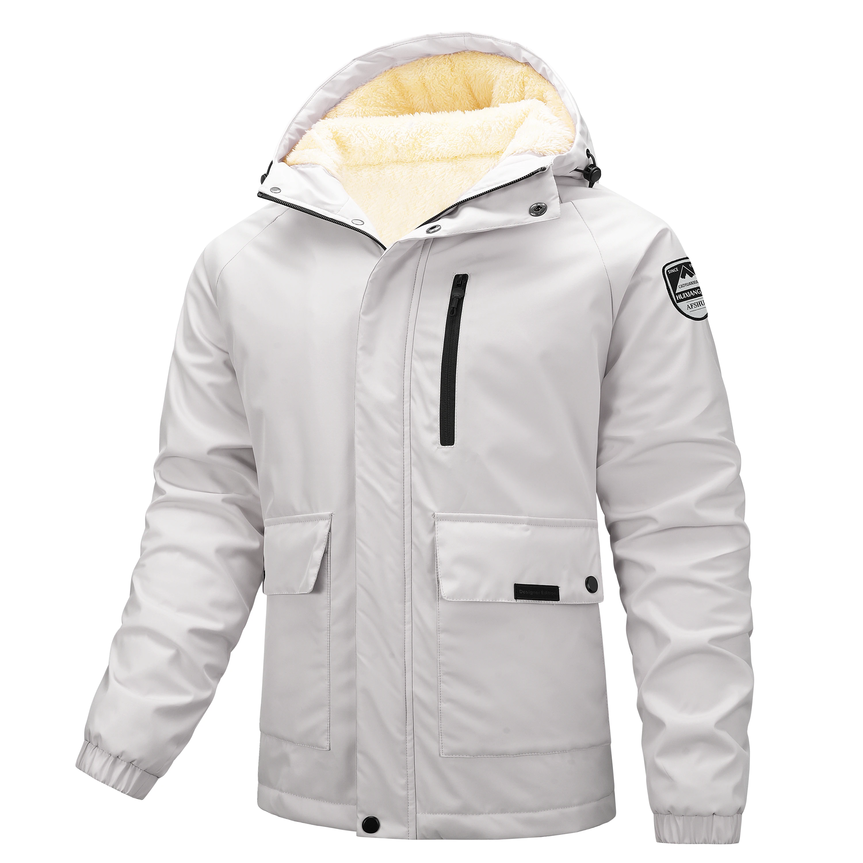 Men White Fleece Lined Hooded Jacket Thick Warm Winter Cargo Parka Windproof Outdoor Hooded Coat Multi Pockets Casual Outerwear