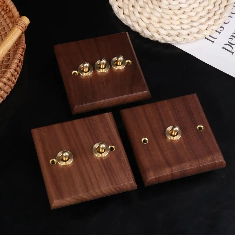 Zwart Walnoot Hout Retro Britse Lichtschakelaar Socket Nachtkastje Wandlamp Schakelaar LED Dimmer Zuiver Hout Messing Tuimelschakelaar Board