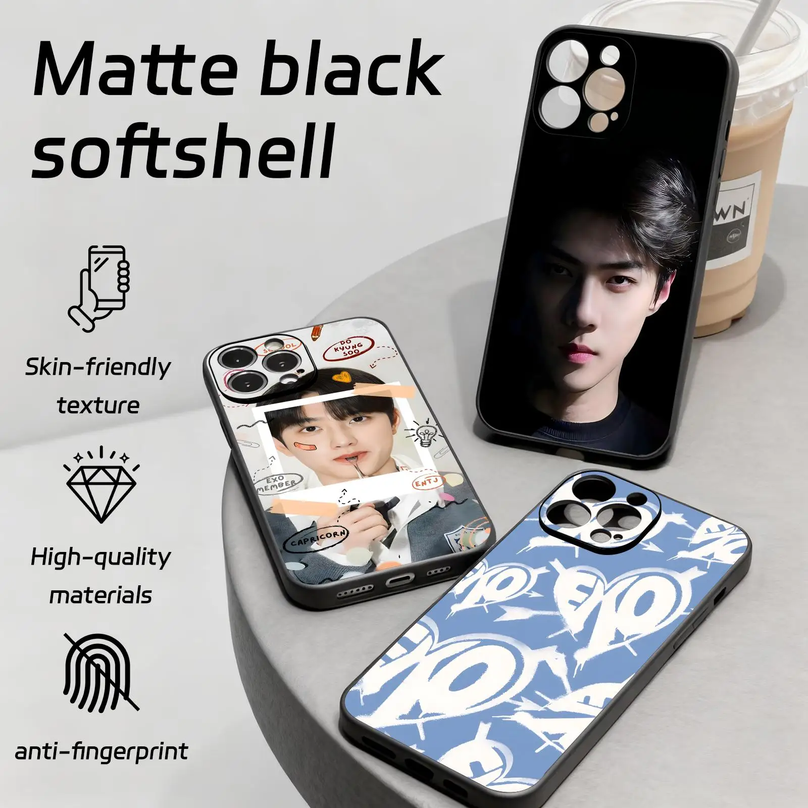 Funda para Teléfono iPhone 17 16 16e 15 14 13 12 Plus Mini Pro Max, Diseño Coreano Kpop EXO, Negra, Suave, Antigolpes