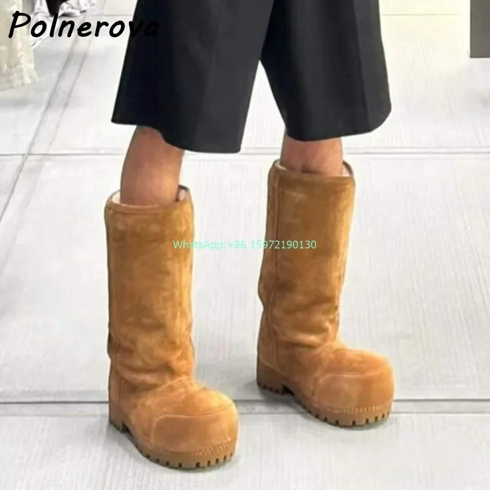 Weiches Fell, solide Schneestiefel, runde Zehen, dicke Sohle, Nähen, Slip-on-Kniehohe Stiefel, prägnante Street-Style-Winter-warme Schuhe 2025,