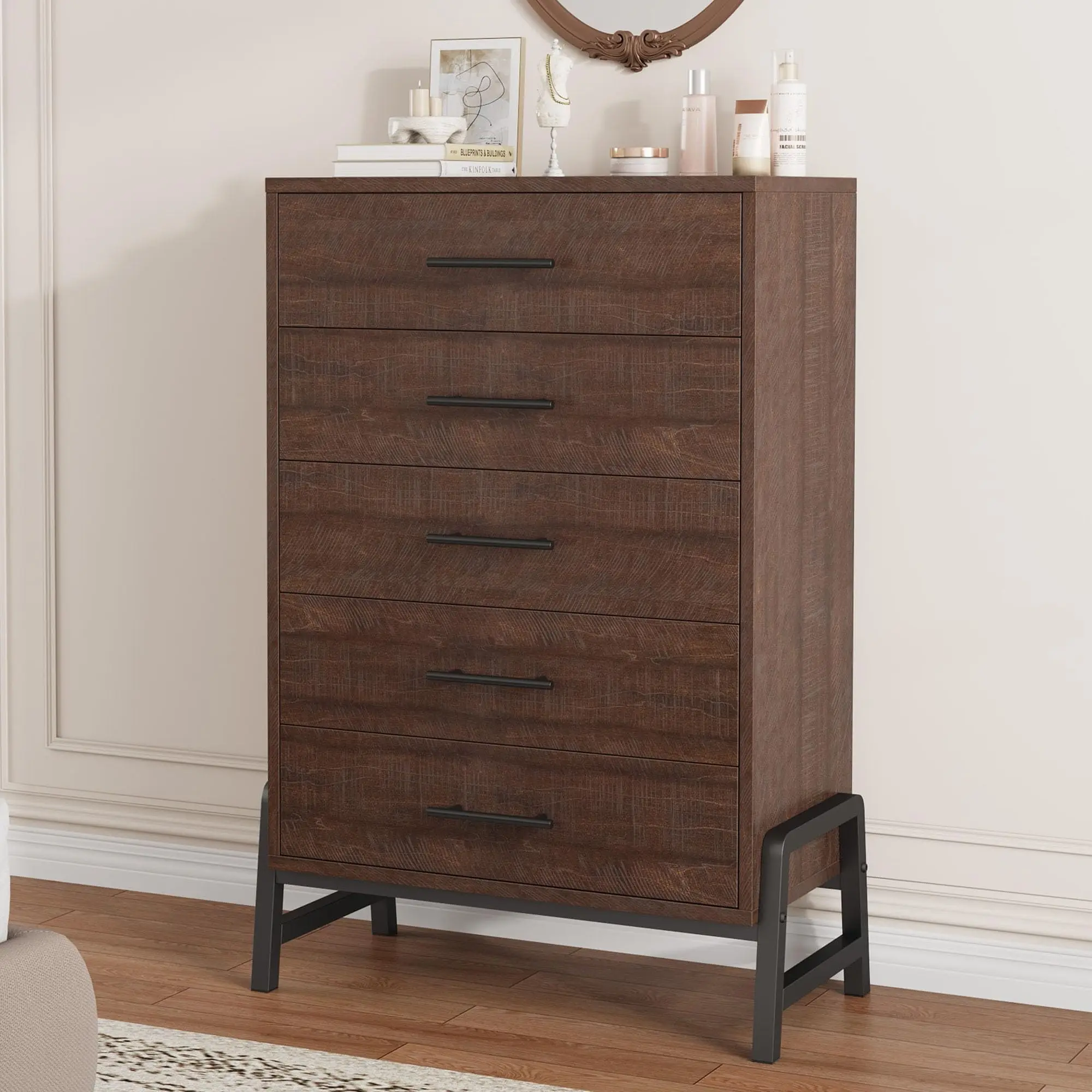 Multi Drawer Tall Storage Cabinet Freestanding Hallway Chest With 5 Deep Drawers Modern Floating Entryway Organizer With Raised Legs Thick Tabletop Cabinet For Bedroom Living