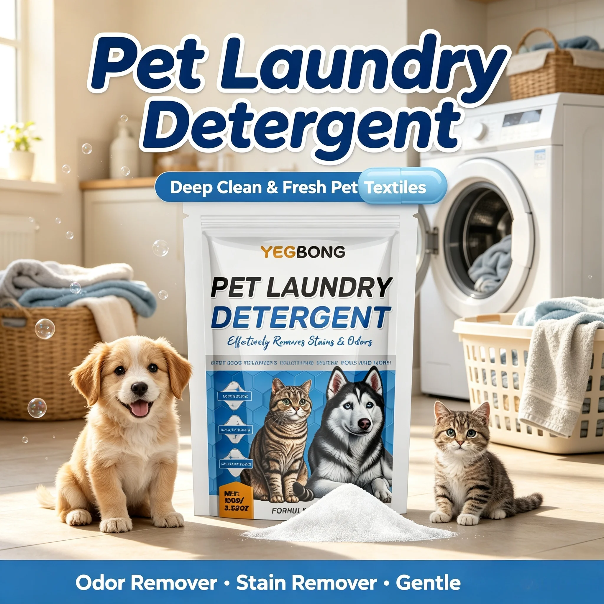 Poudre de lessive puissante pour animaux de compagnie – Élimine les odeurs d'urine, protège les couleurs des serviettes, pour chiens et chats, sans résidus