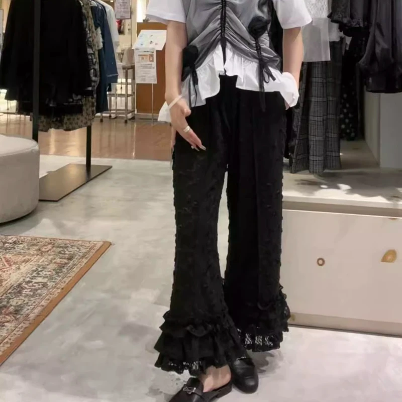2025, neue japanische Stil, süße Rose, Spitze, Stickerei, schmale Schlaghose für Mädchen und Frauen, modische, vielseitige, lässige, lockere Hose