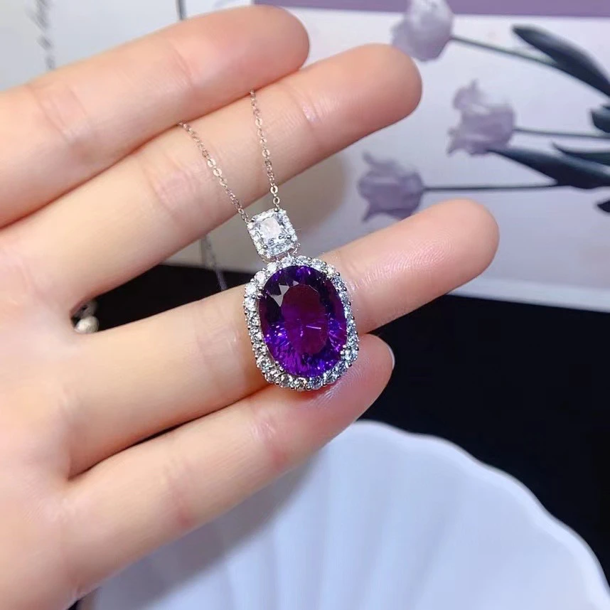 

Luxury 925 Silver Natural Amethyst Necklace Pendant for Party 12mm*16mm 12ct VVS Grade Amethyst Pendant with Gold Plated