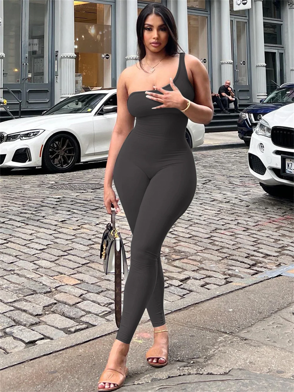 2024 spring women's new solid color one-shoulder slim-fit hip lift exercise bodybuilding jumpsuit women