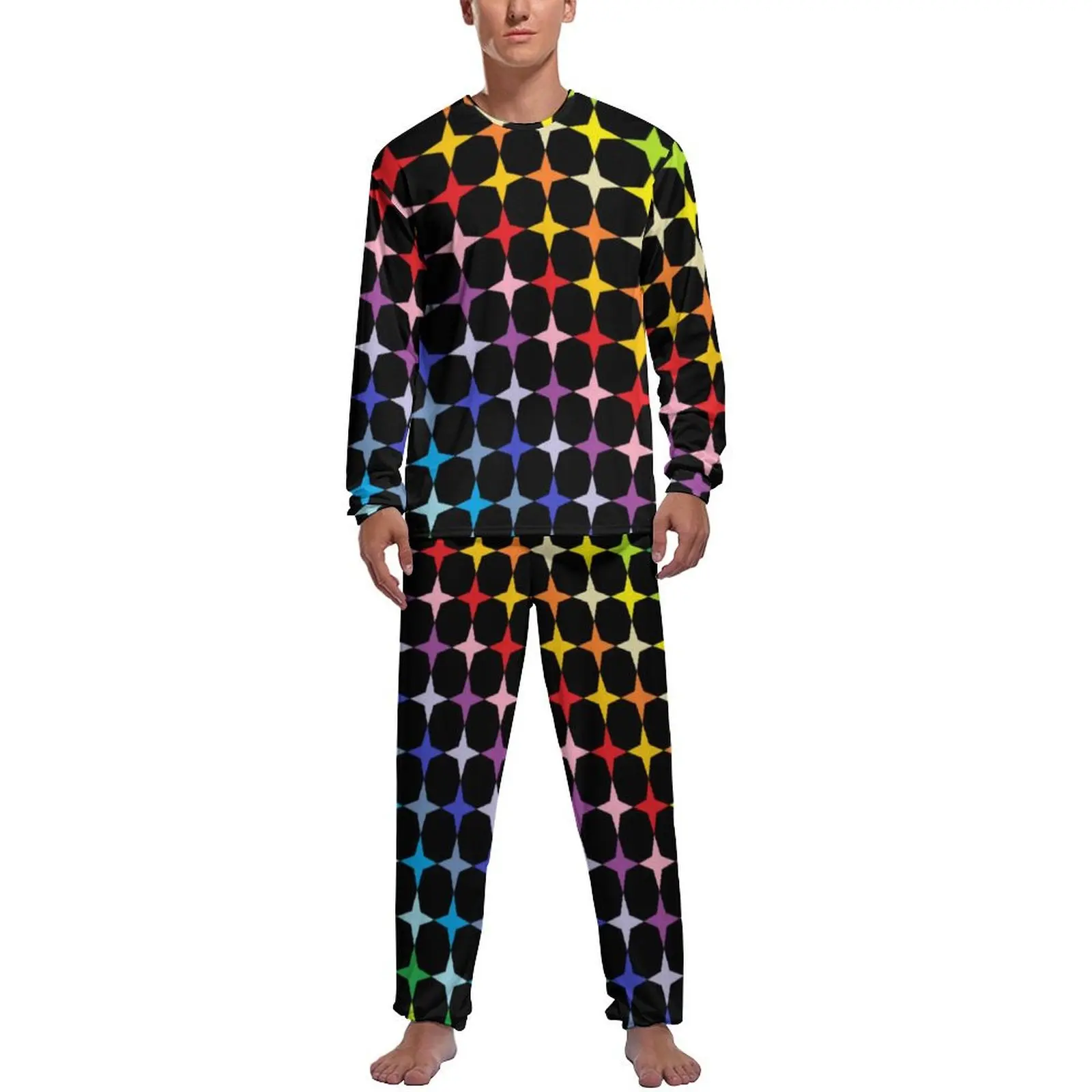 Funny Rainbow Pajamas Four Points Stars Men Long Sleeve Kawaii Pajamas Set Two Piece Casual Autumn Pattern Sleepwear Gift Idea