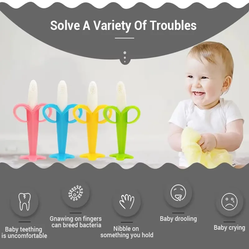 Hot Sale Food Grade Soft Silicone Teething Toy Baby Gift Training Banana Teether Tooth Brush Fruit Teether