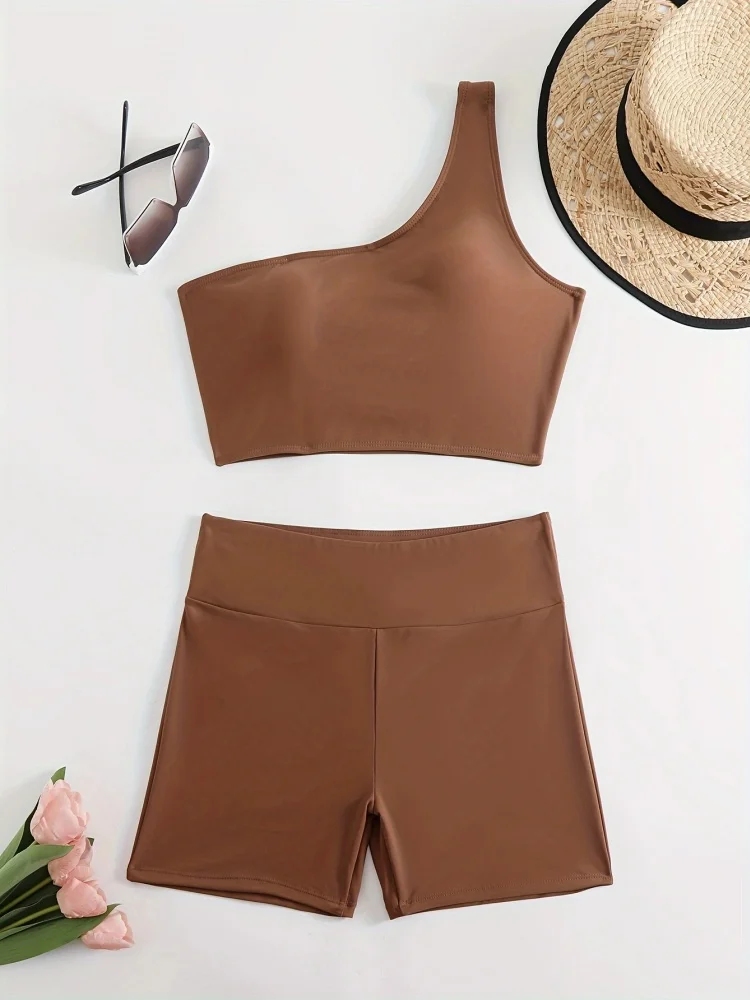 

Бикини женский купальник 2025 Новый однотонный комплект бикини на одно плечо сексуальные шорты купальники летний комплект из 2 предметов пляжный купальный костюм женский