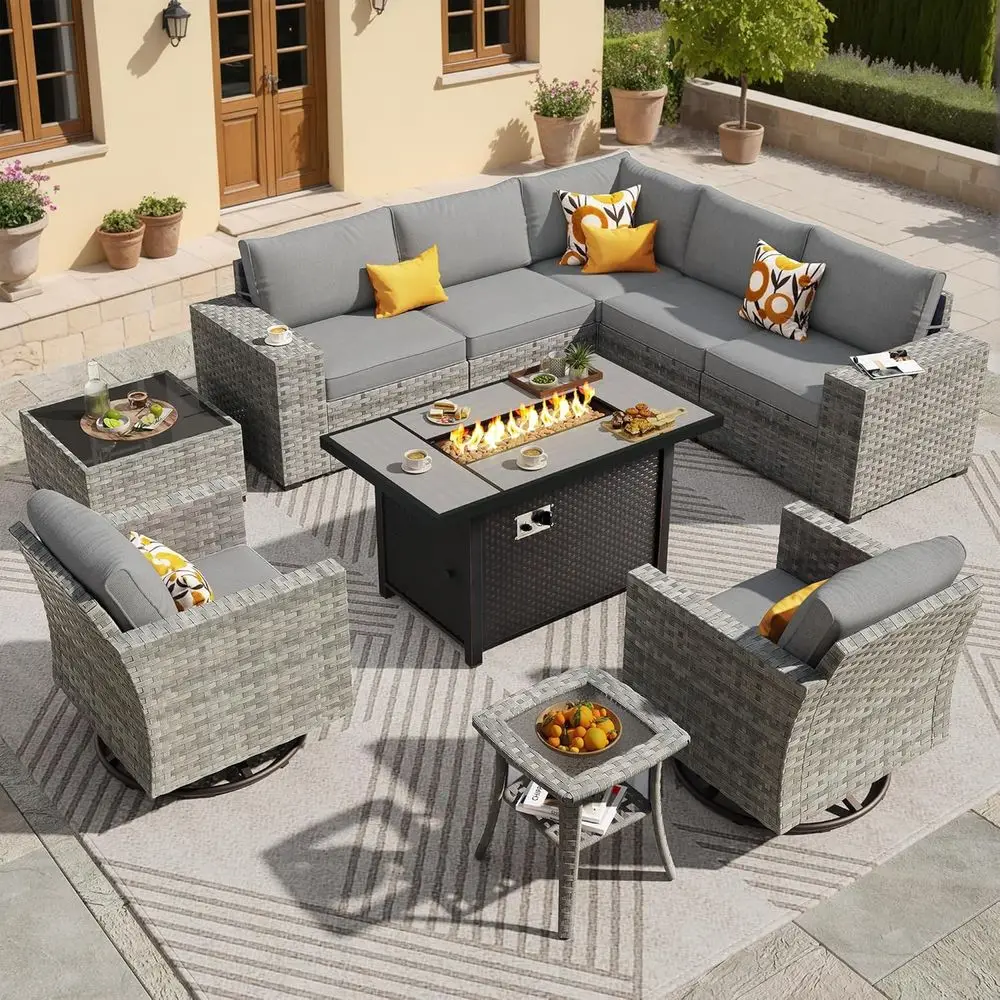 

10-Piece Outdoor Wicker Sectional Sofa Set with 42 Fire Pit Table and Swivel Chairs in Grey