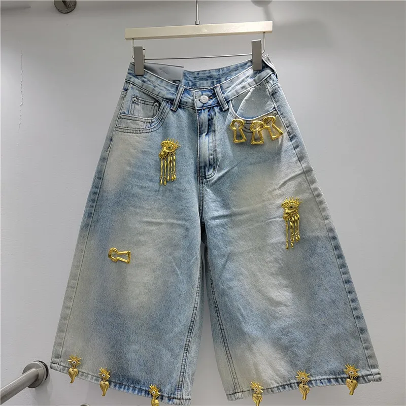 

Американские джинсы с металлической пряжкой, широкие укороченные, женские, лето 2026, новинка, с высокой талией, прямые, средней длины, из денима, тренд
