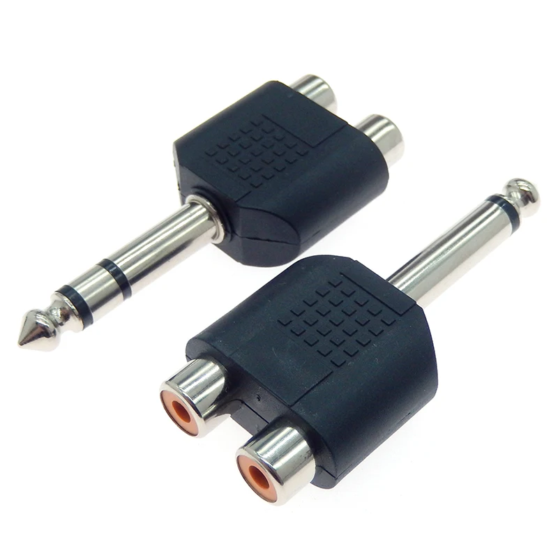 2PCS 6.35mm 1/4 inch Male Mono Channel Stereo To 2 Dual RCA Female Y Splitter Audio Adapter Converter Connector