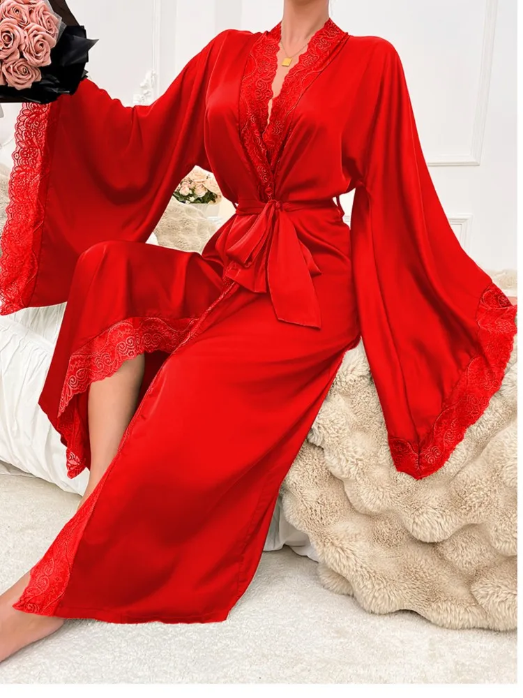 Pigiama lungo da donna di nuovo stile in pizzo a maniche lunghe elegante abbigliamento per la casa stile semplice Leace-up tinta unita confortevole moda sottile