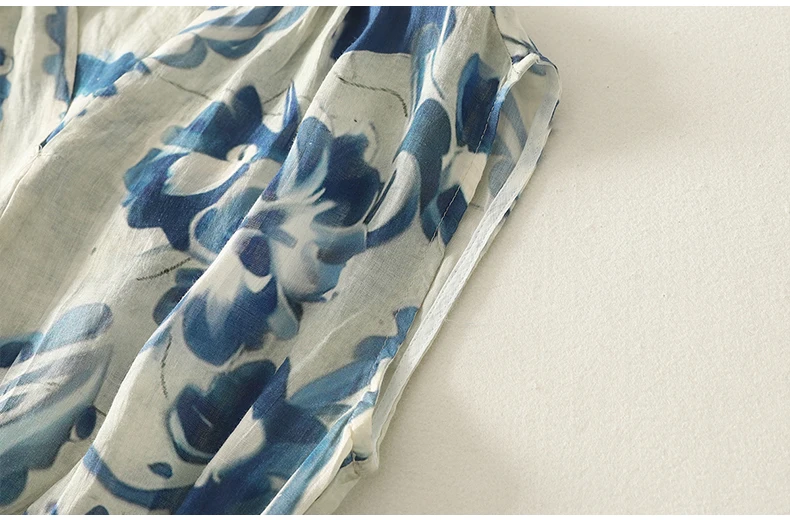 V-neck Blue Floral Printed Boho Style Cotton Linen Dress Women Summer Holiday Beach Sleeveless Long Dress Elegant Ladies A-line