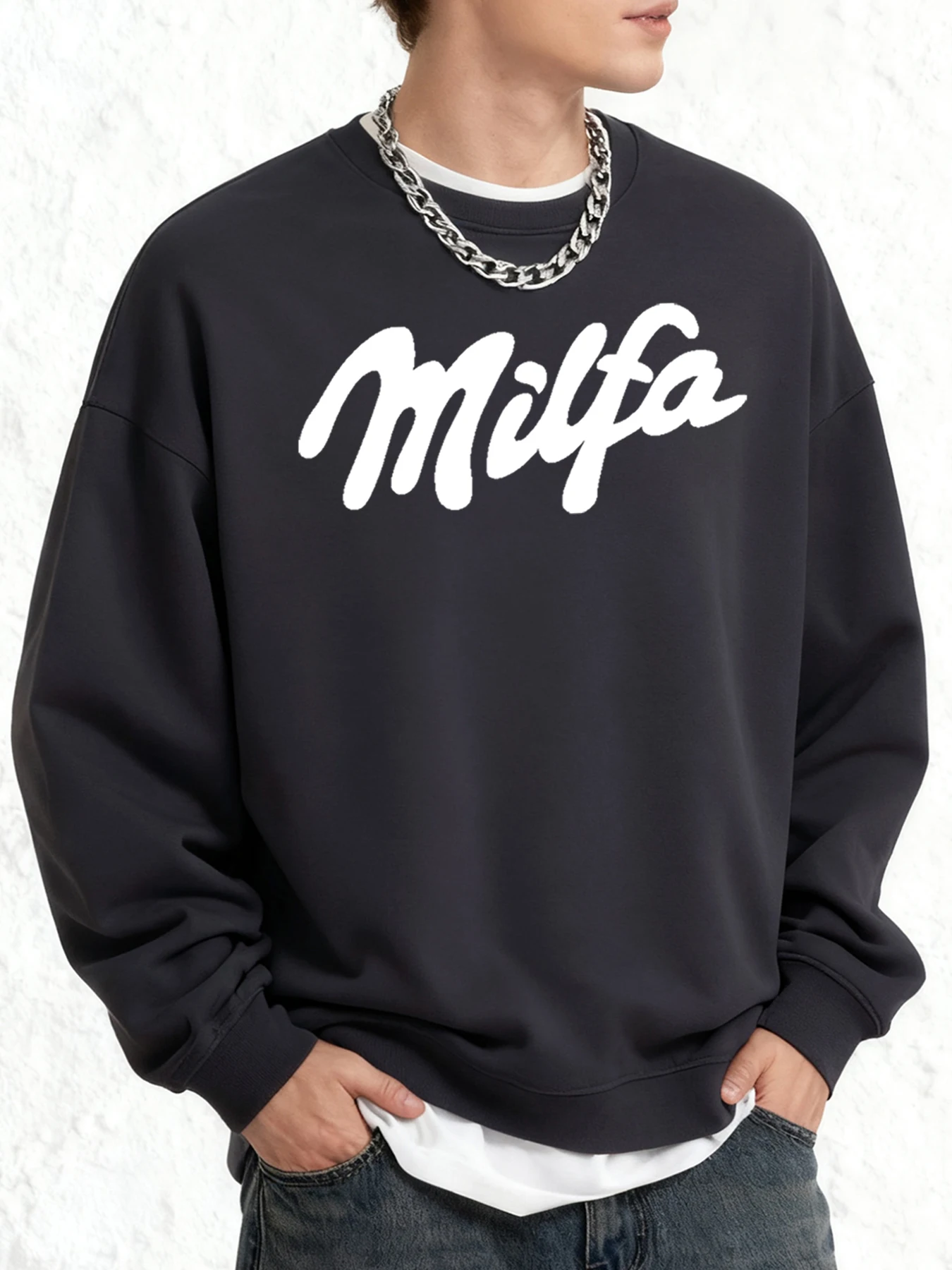 

Milfa белые пуловеры с художественным буквенным принтом для мужчин, универсальные осенние толстовки с длинными рукавами и круглым вырезом, мягкая модная одежда