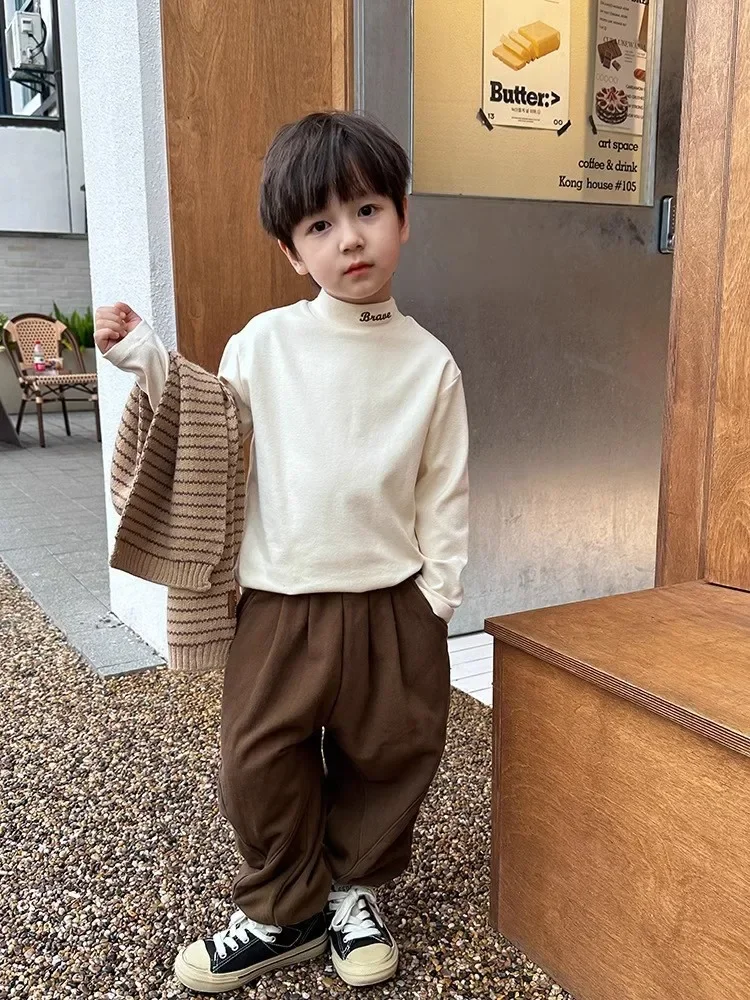 Boys' semi-turtleneck bottoming shirt, autumn and winter children's clothing, winter warm top, older boys' medium collar