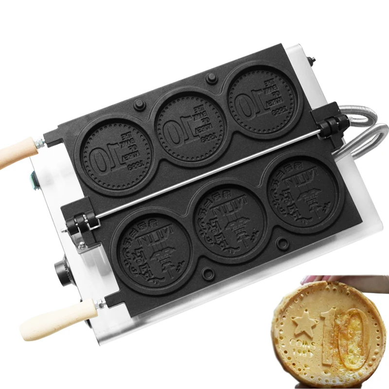 Commercial 3pcs Gold Coin Waffle Machine Cheese Cartoon Coin Scones Waffle Maker for sale