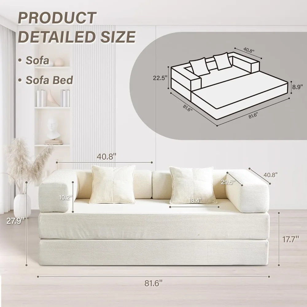 Folding Sofa Bed 78 Convertible Couch with Memory Foam and Pillow Back Support for Comfortable Sleeping