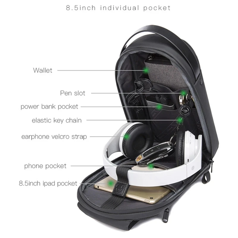 BANGE Multifunction USB Crossbody Bag Shoulder Bag Man TPU Waterproof Travel Sling Messenger Pack Chest bag