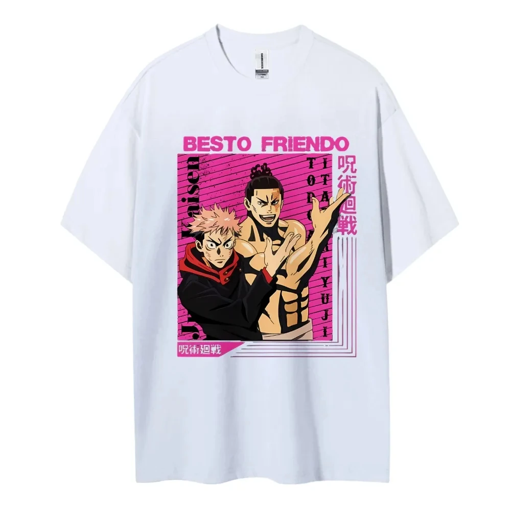 Jujutsu Kaisen T-Shirt für Männer, Vintage-Stil, gewaschene Baumwolle, kurzärmelig, Tops, 2025, Sommer-Anime-Grafik-T-Shirts, schwarze Basis, Yuji Todo