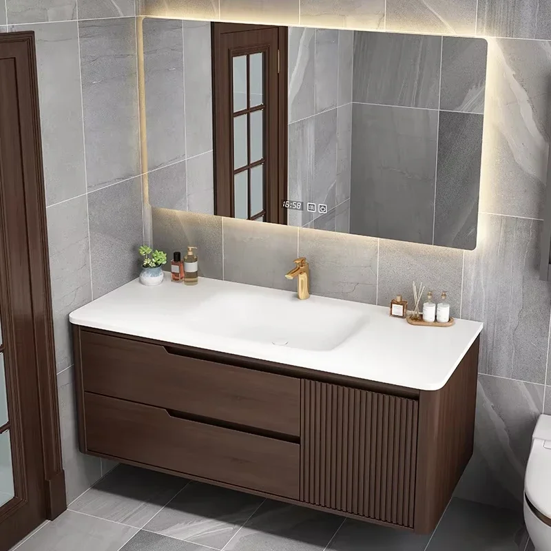 Modern Chinese Style Solid Wood Bathroom Vanity Sink Cabinet DuPont Corian Top Integrated Storage Bathroom Furniture