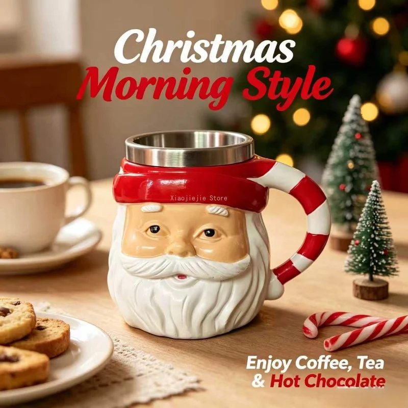 Xmas Santa Character Coffee Mug, Stainless Steel Inner Tumbler, Unique Sculpted Cup for Christmas Home Decoration