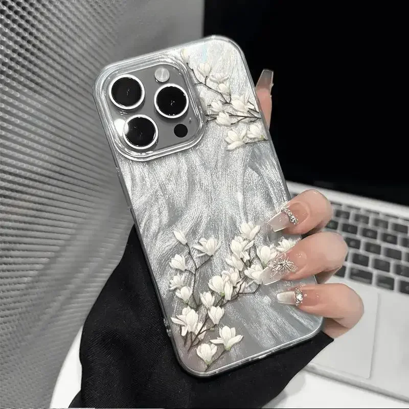 ins Jade orchid feather veil shell phone case For iPhone 16 PRO 15 14 13 12 11ProXR XS Max7 8 Plus Y2K Anti fall Case back Cover