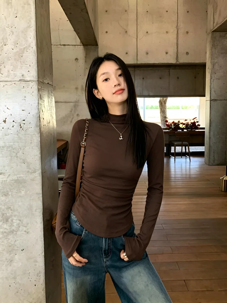 Women's Slim Fit Long Sleeve T-Shirt Half High Collar Fleece Lined Waist Cinching Base Layer Top plus Size Commute Style