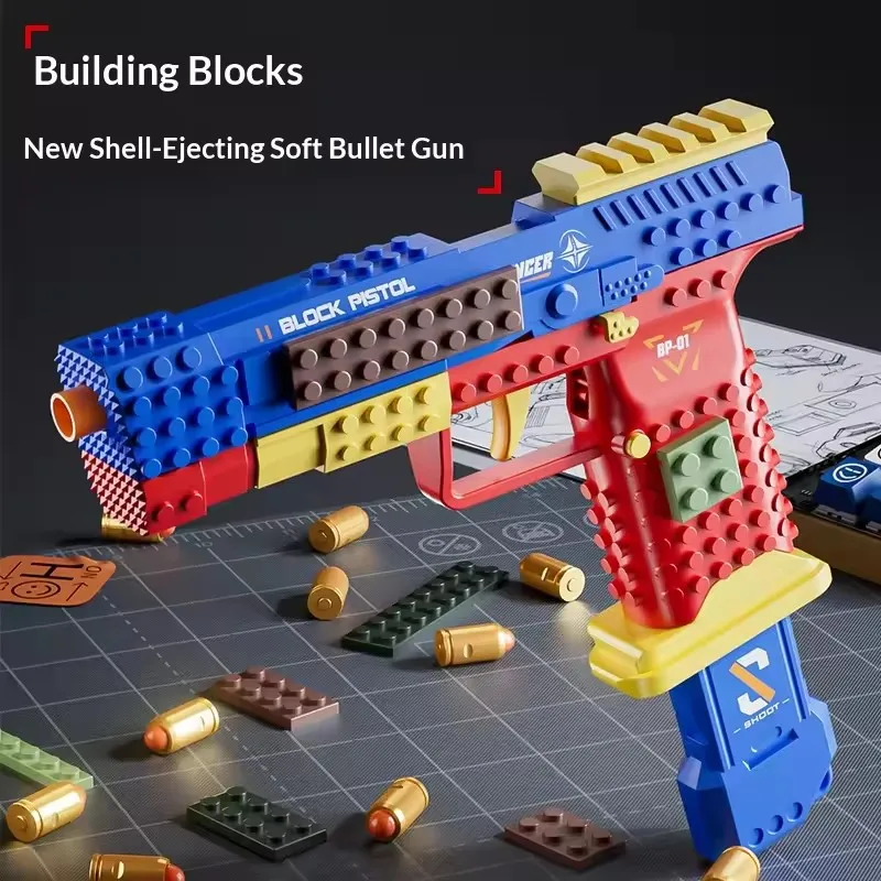 Creative Building Blocks Soft Bullet Toy Pistol, DIY Assembly Foam Dart Gun Model Kit for Kids Boys, Fun Outdoor Shooting Game