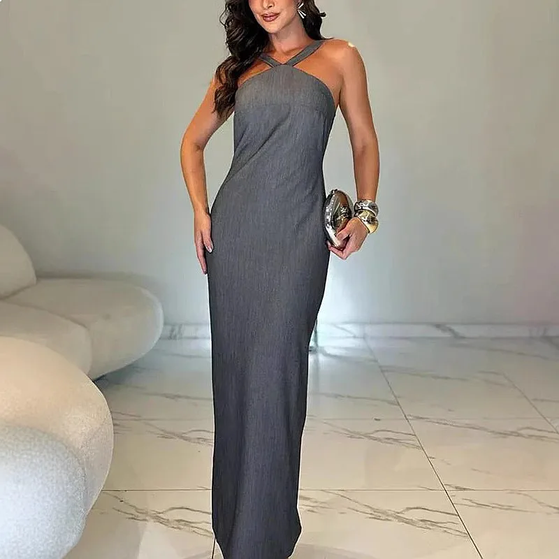 

Fashion Halter Dresses V Neck Backless Tie Split Long Dress Summer Spring Floral Maxi Dresses